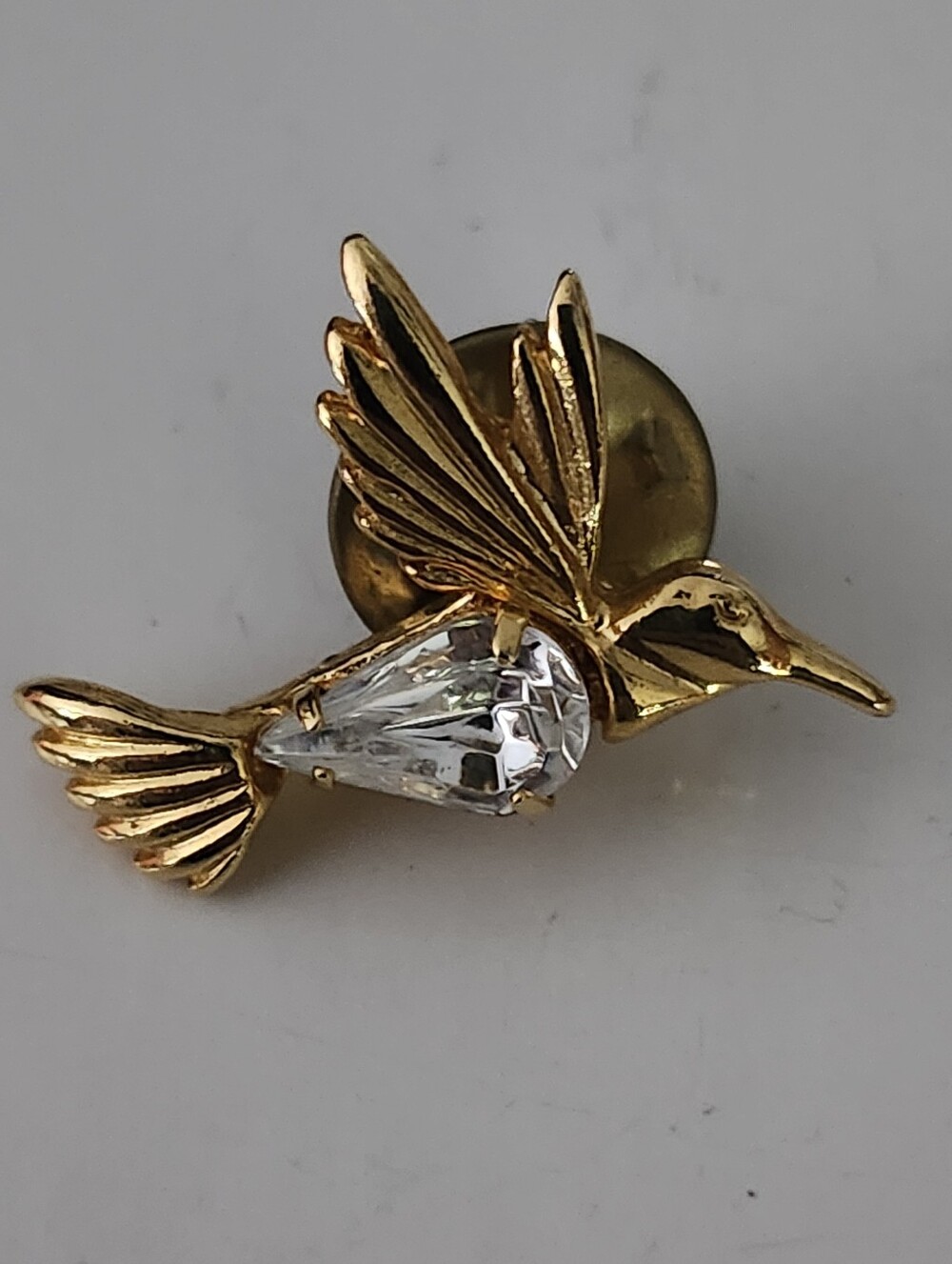 Gold Tone Hummingbird Lapel Pin with Clear Crystal Accent